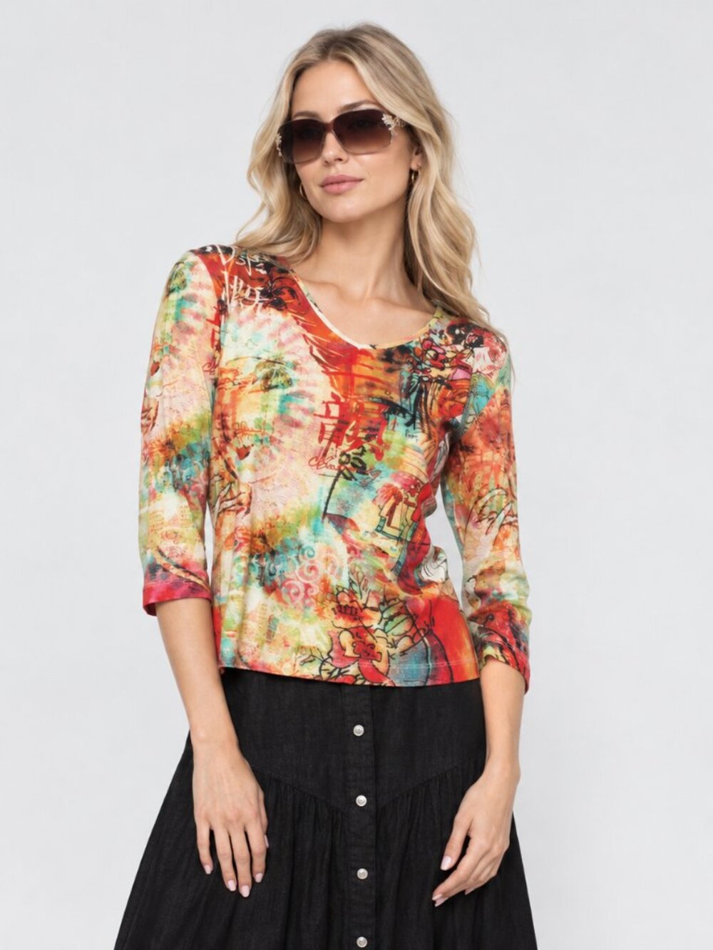 2/$30 Chico's Japan Artsy Geisha Print V-Neck T-Shirt 3/4 Sleeve Multi 4 #A6078